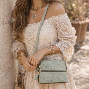 NWT Le Bag Sage Green Floral Embossed Crossbody Boho Mini Purse